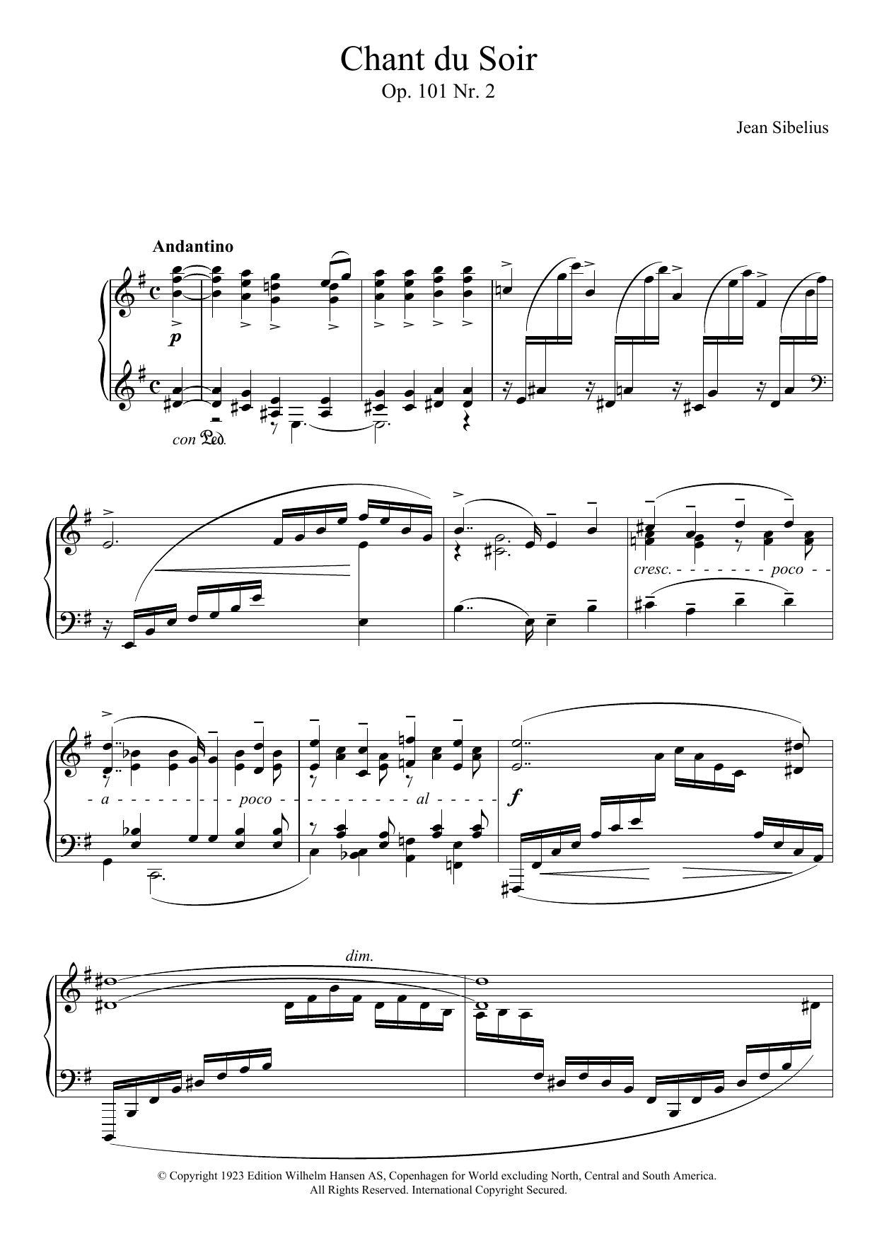 Jean Sibelius 5 Morceaux Romantiques, Op.101 - II. Chant Du Soir sheet music notes and chords arranged for Piano Solo