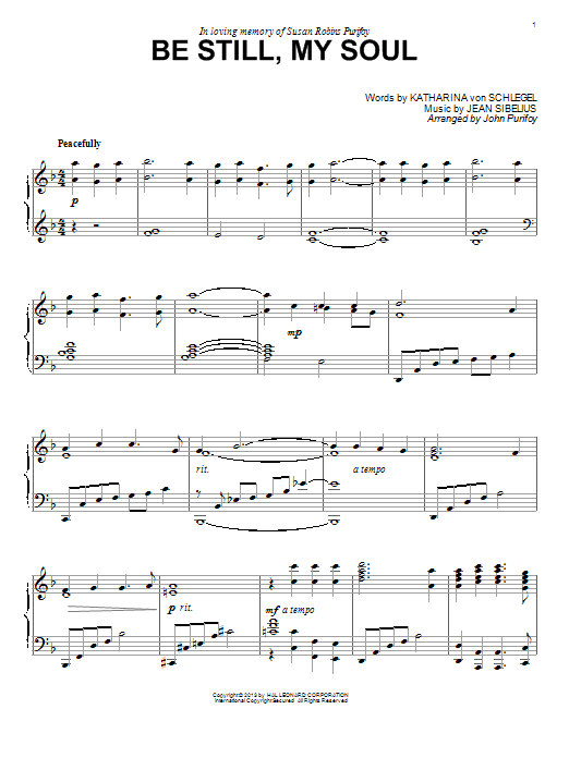 Jean Sibelius Be Still My Soul (arr. Jon Purifoy) sheet music notes and chords arranged for Piano Solo