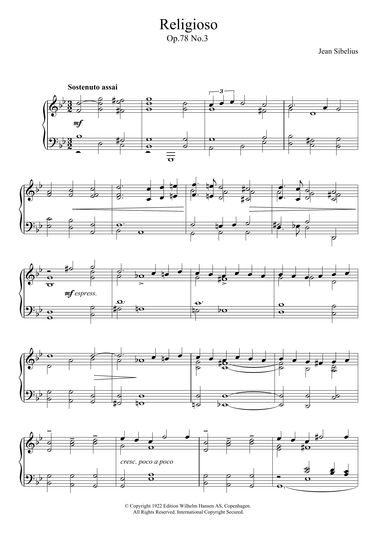 Jean Sibelius Religioso, Op.78 No.3 sheet music notes and chords arranged for Piano Solo