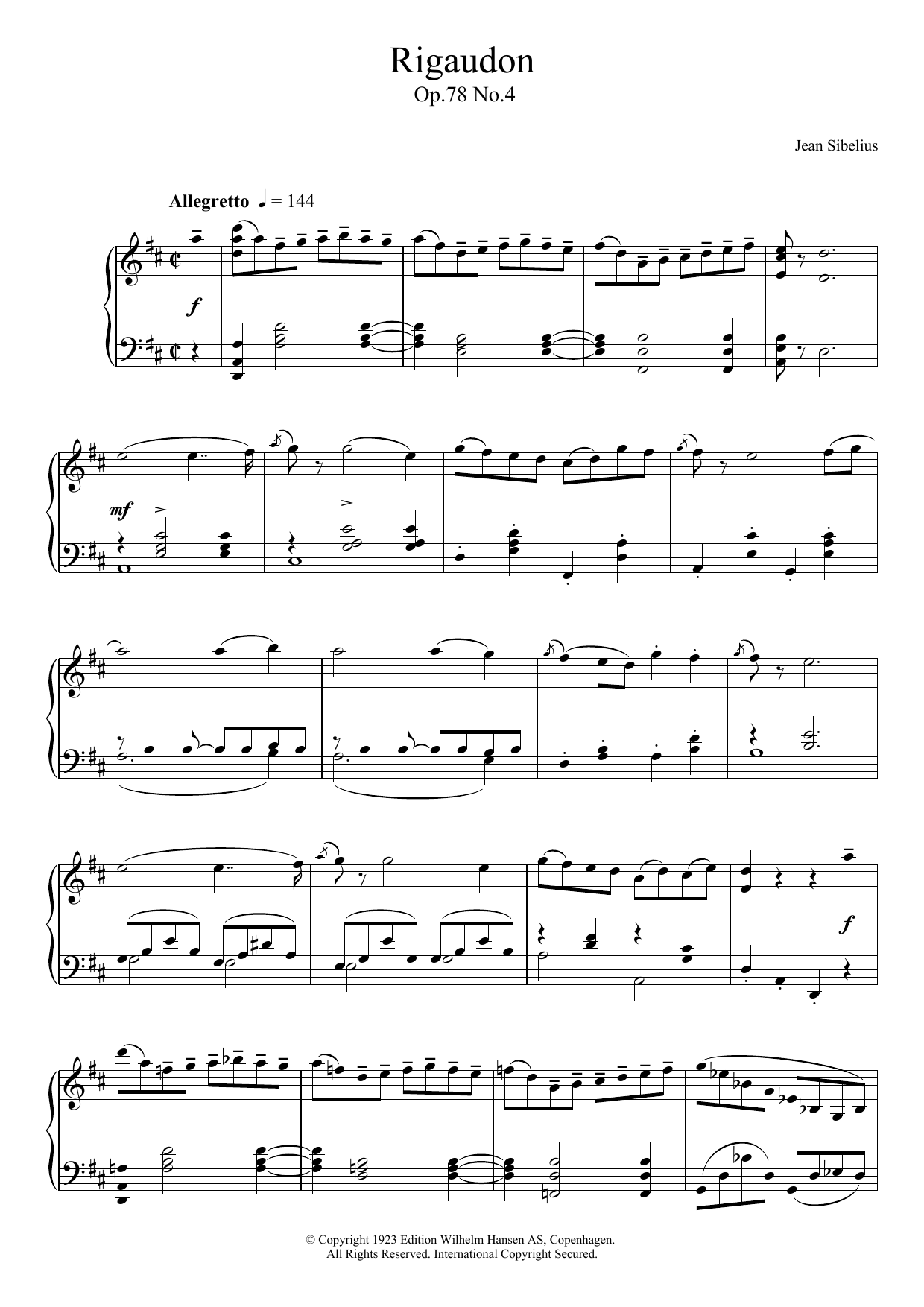 Jean Sibelius Rigaudon, Op.78 No.4 sheet music notes and chords arranged for Piano Solo