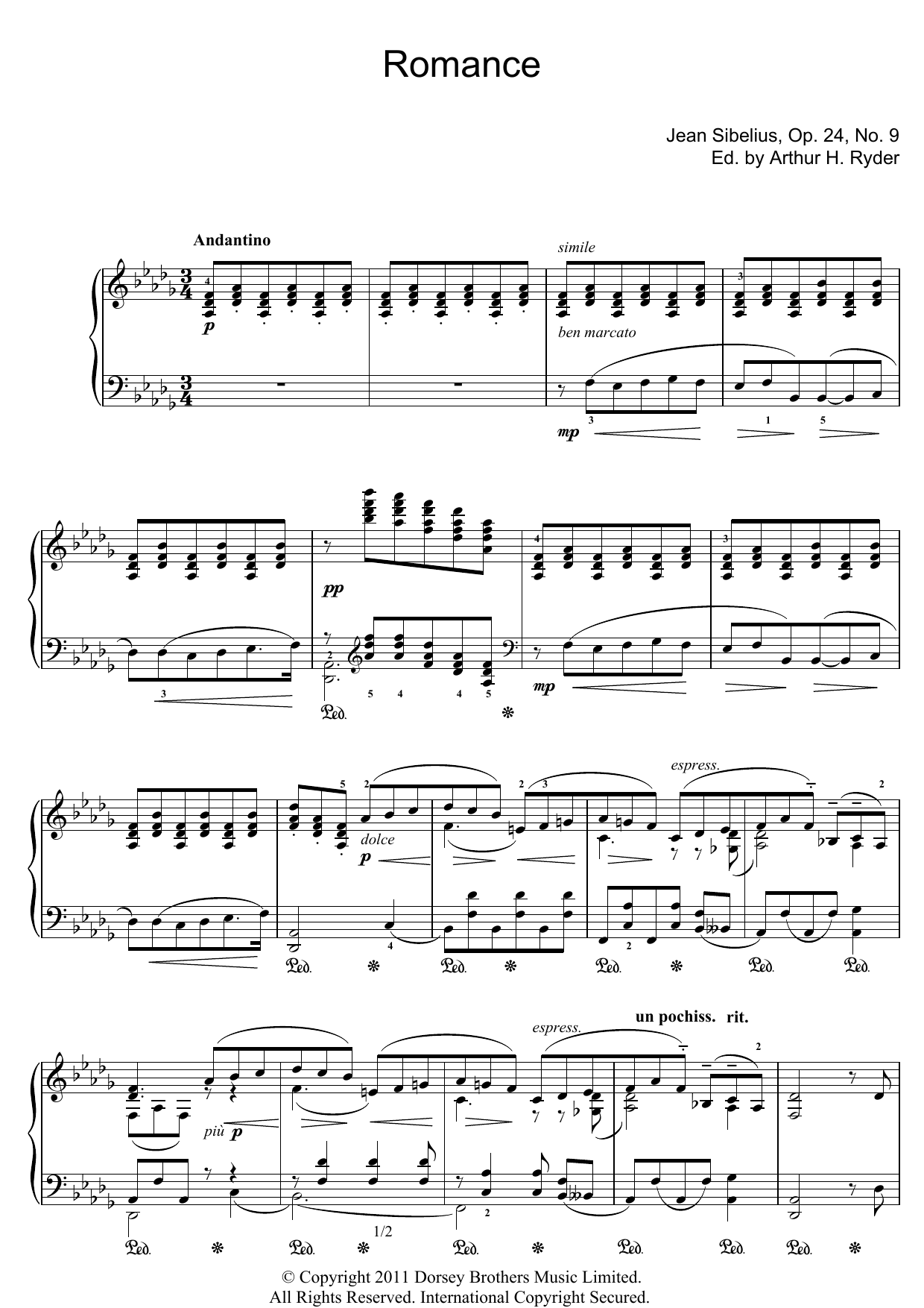 Jean Sibelius Romance In D Flat sheet music notes and chords arranged for Piano Solo