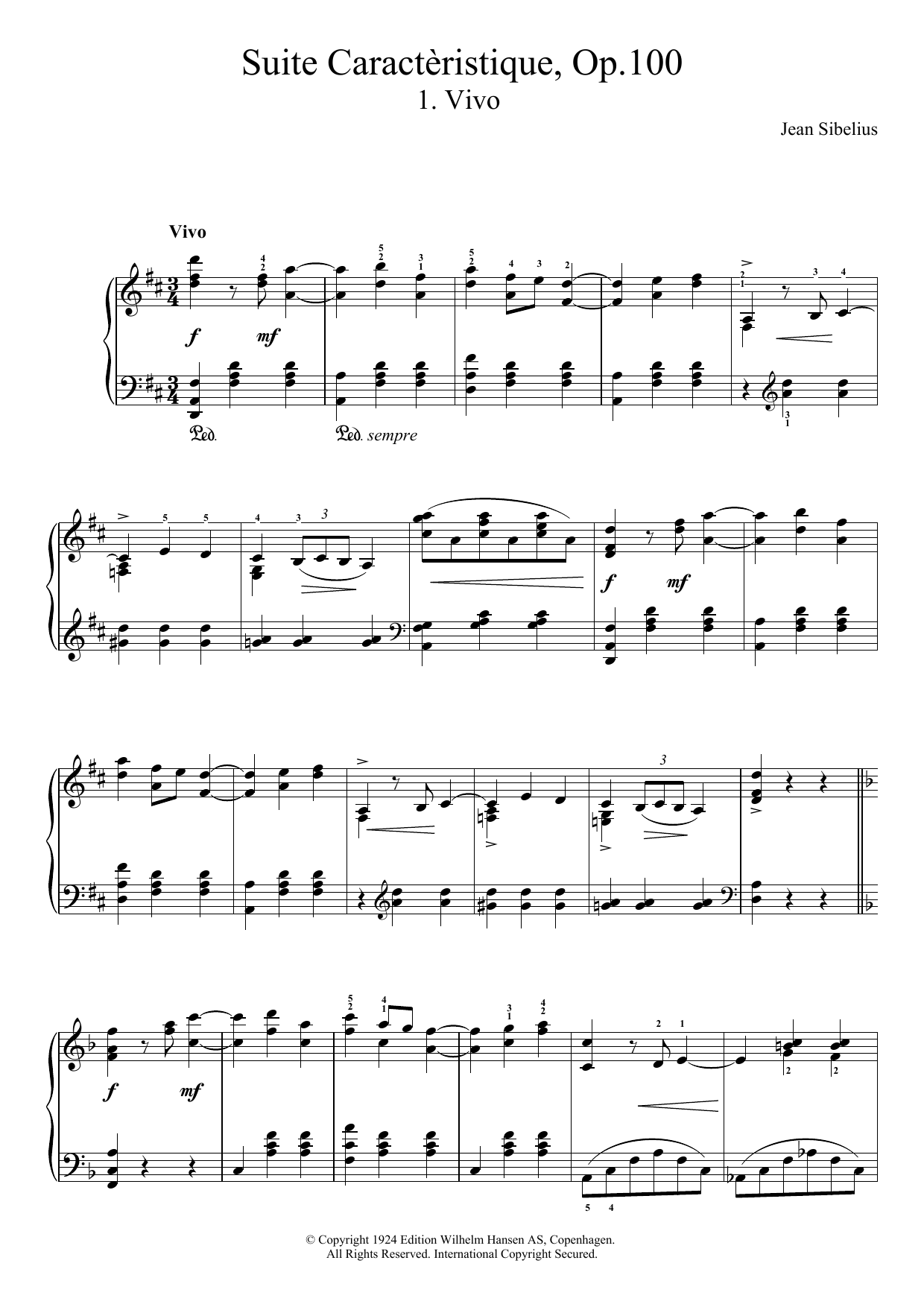 Jean Sibelius Suite Caracteristique, Op.100 - I. Vivo sheet music notes and chords arranged for Piano Solo