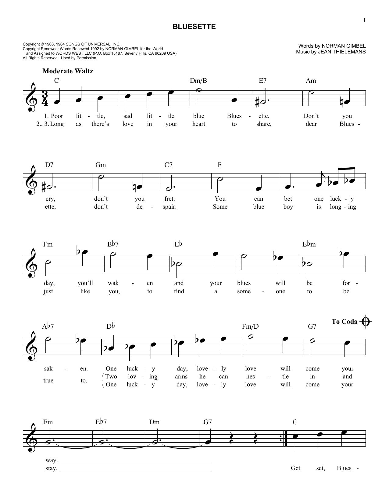 Jean Thielemans Bluesette sheet music notes and chords arranged for Easy Lead Sheet / Fake Book