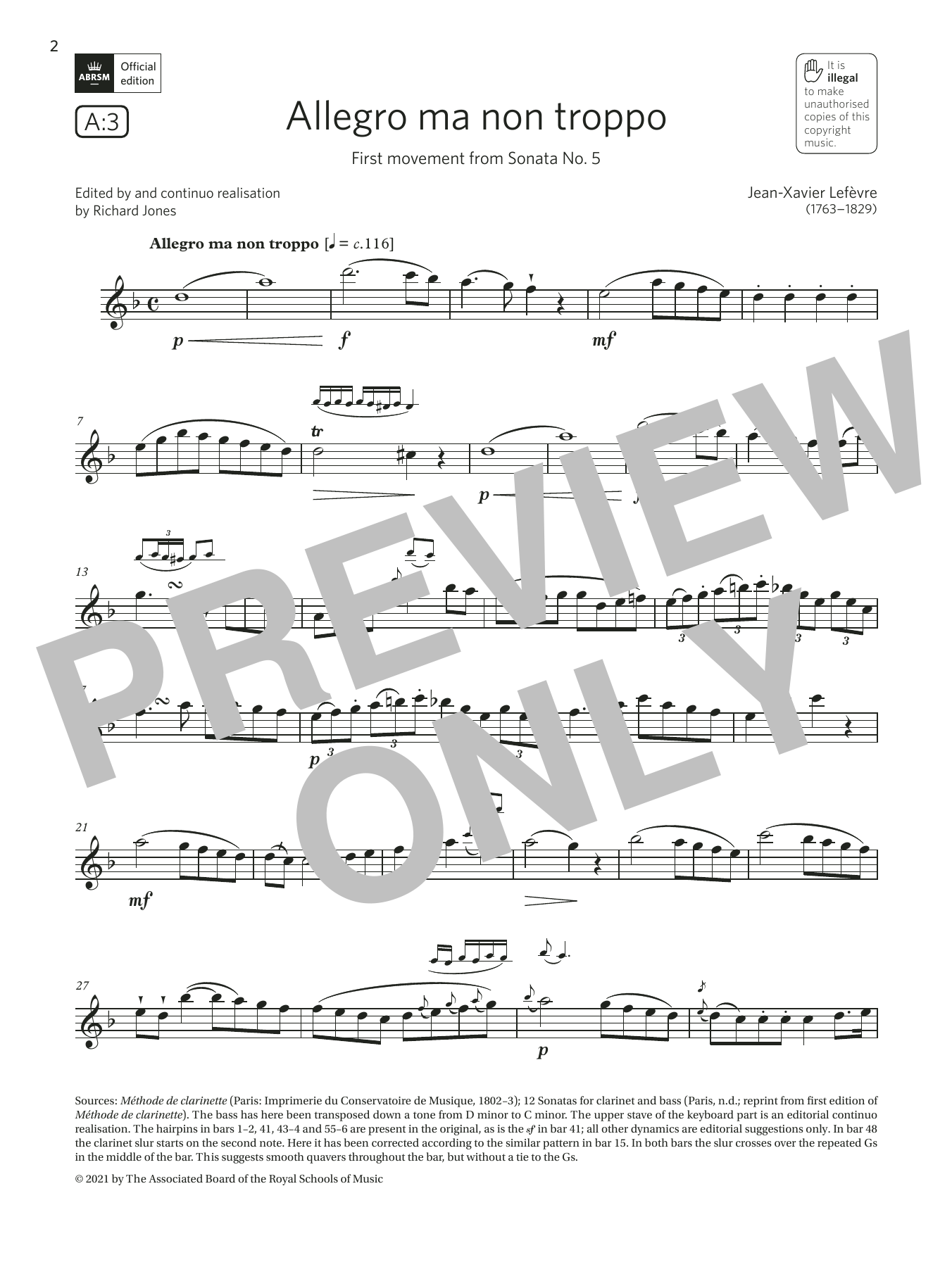 Jean-Xavier Lefèvre Allegro ma non troppo (from Sonata No5)(Grade 6 List A3 from the ABRSM Clarinet syllabus from 2022) sheet music notes and chords arranged for Clarinet Solo