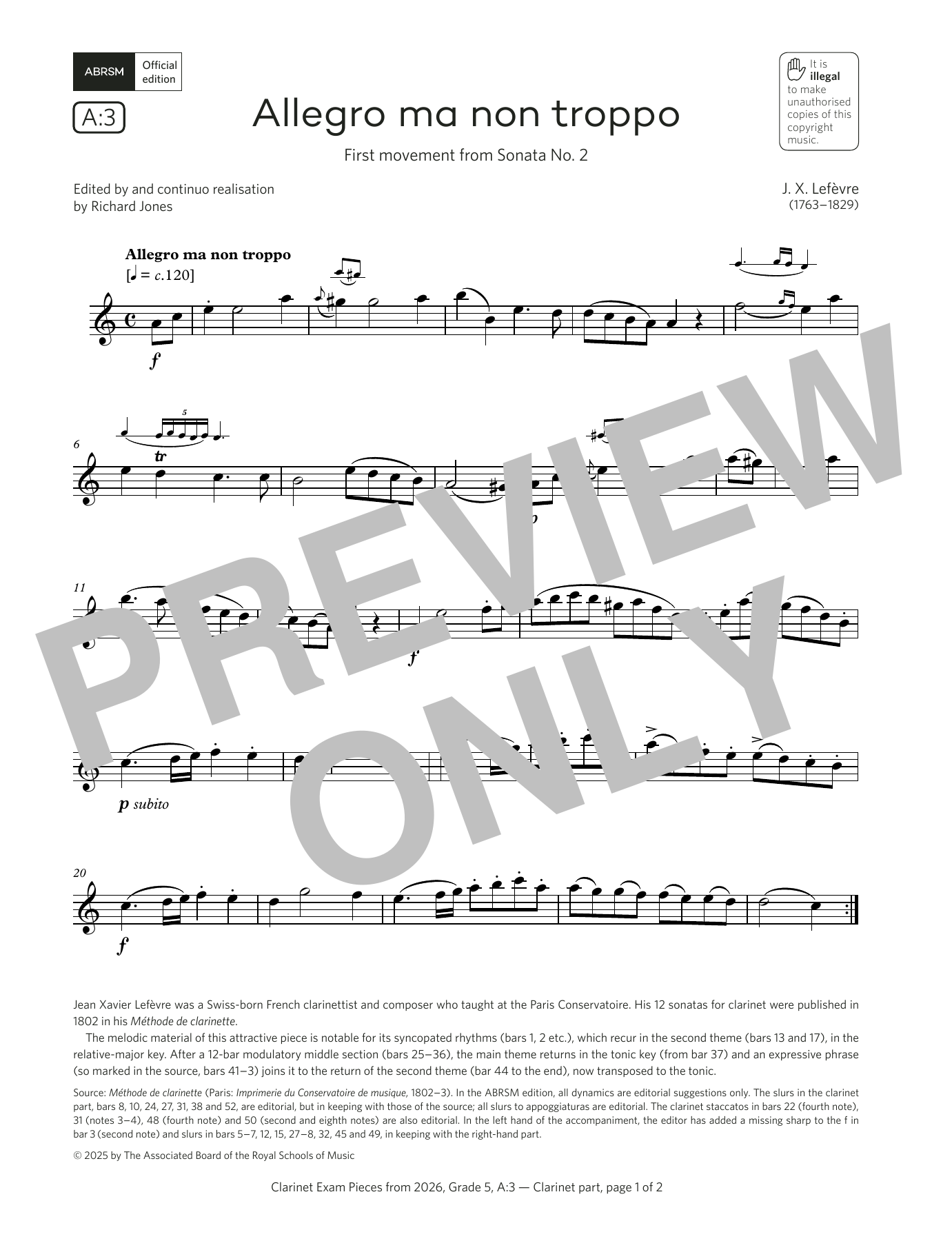 Jean Xavier Lefèvre Allegro ma non troppo (Grade 5, list A3, from the ABRSM Clarinet Syllabus from 2026) sheet music notes and chords arranged for Clarinet Solo