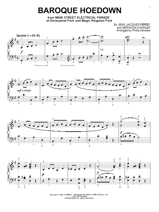 Jean Jacques Perrey Baroque Hoedown [Classical version] (arr. Phillip Keveren) sheet music notes and chords arranged for Piano Solo