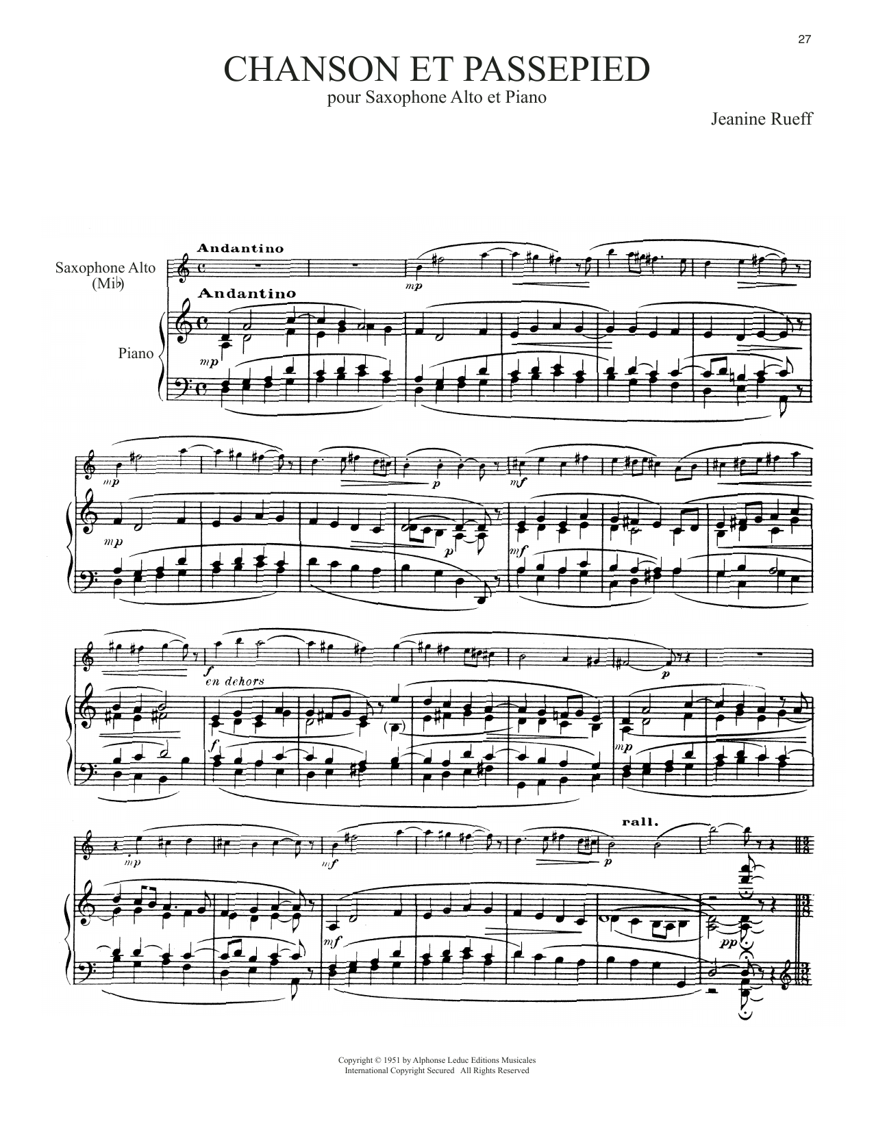 Jeanine Rueff Chanson Et Passepied sheet music notes and chords arranged for Alto Sax and Piano