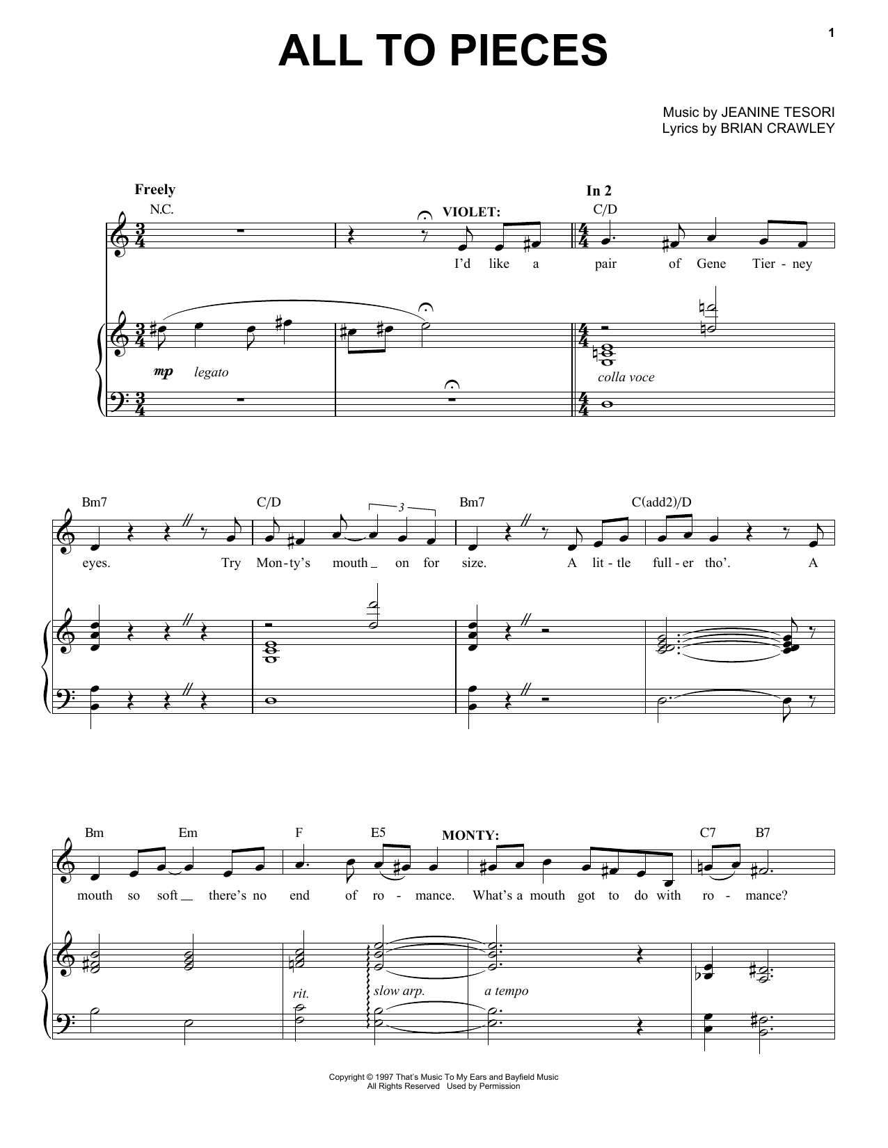 Jeanine Tesori All To Pieces sheet music notes and chords arranged for Piano & Vocal