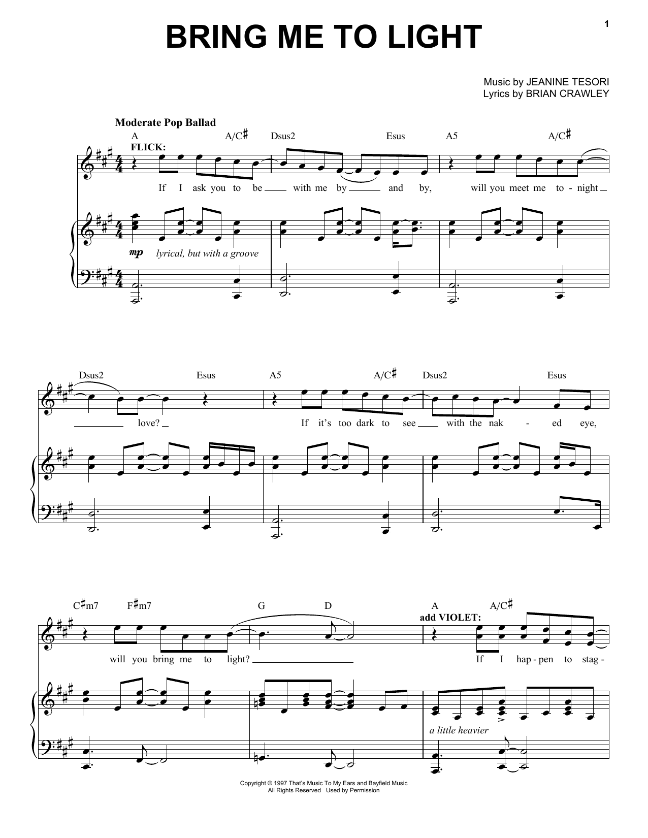 Jeanine Tesori Bring Me To Light sheet music notes and chords arranged for Piano & Vocal