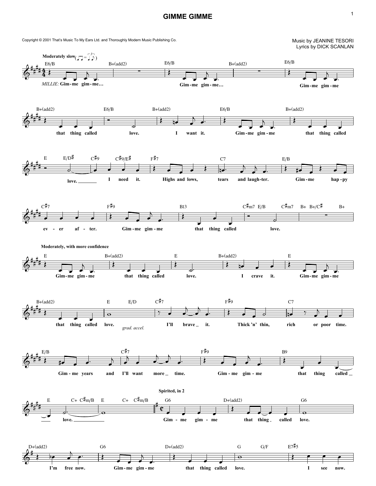 Jeanine Tesori Gimme Gimme sheet music notes and chords arranged for Lead Sheet / Fake Book