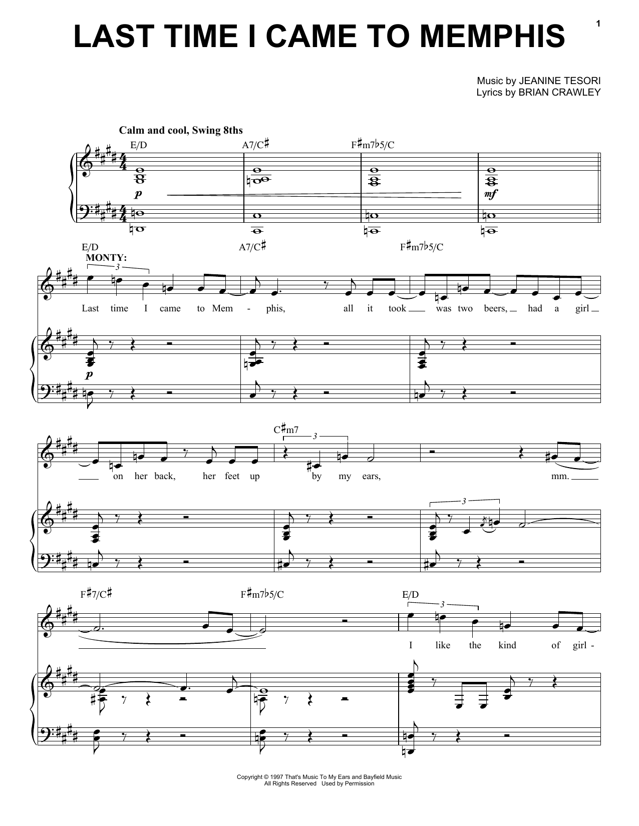 Jeanine Tesori Last Time I Came To Memphis sheet music notes and chords arranged for Piano & Vocal
