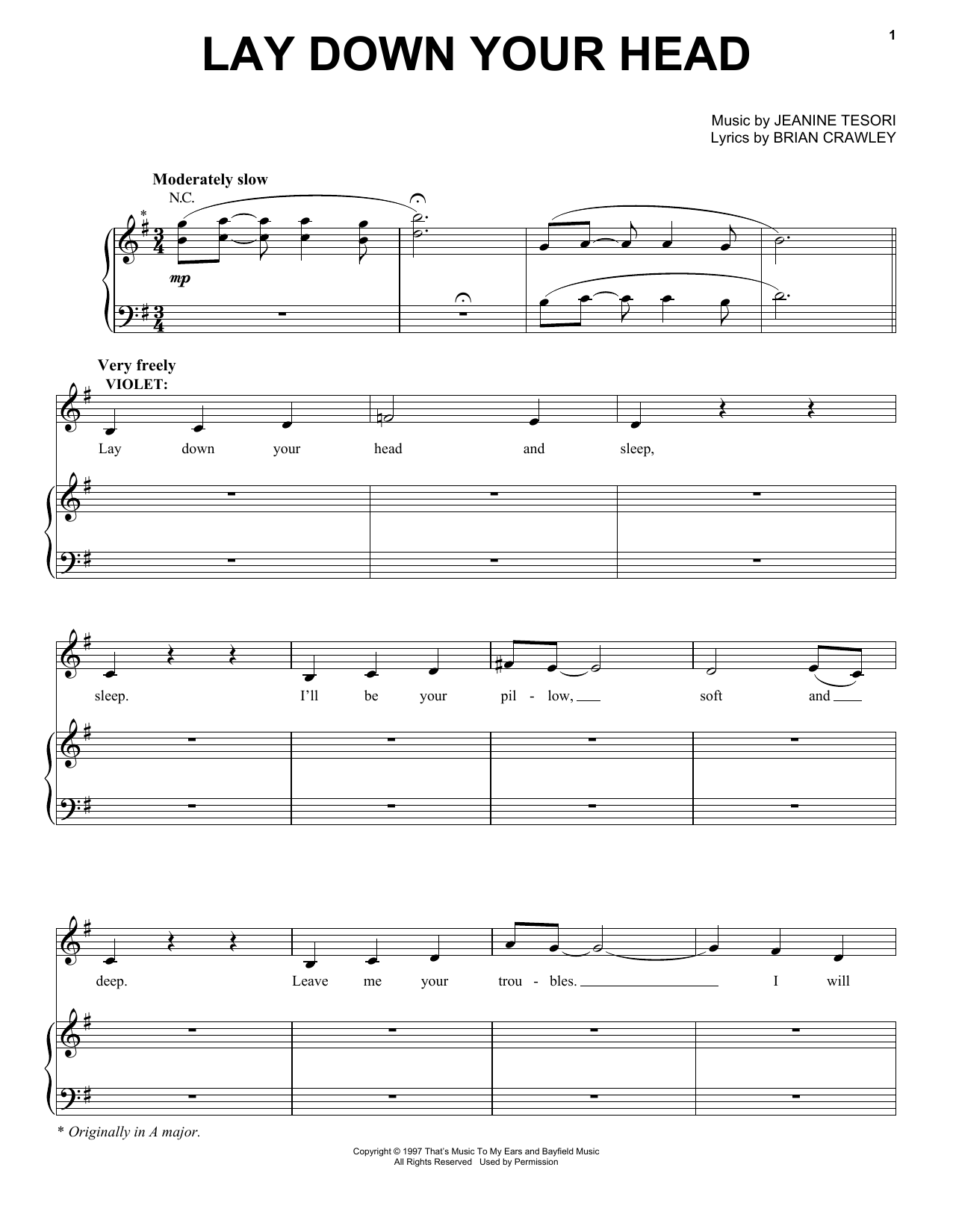 Jeanine Tesori Lay Down Your Head sheet music notes and chords arranged for Piano & Vocal