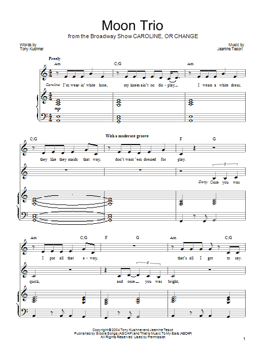 Jeanine Tesori Moon Trio sheet music notes and chords arranged for Piano, Vocal & Guitar Chords (Right-Hand Melody)