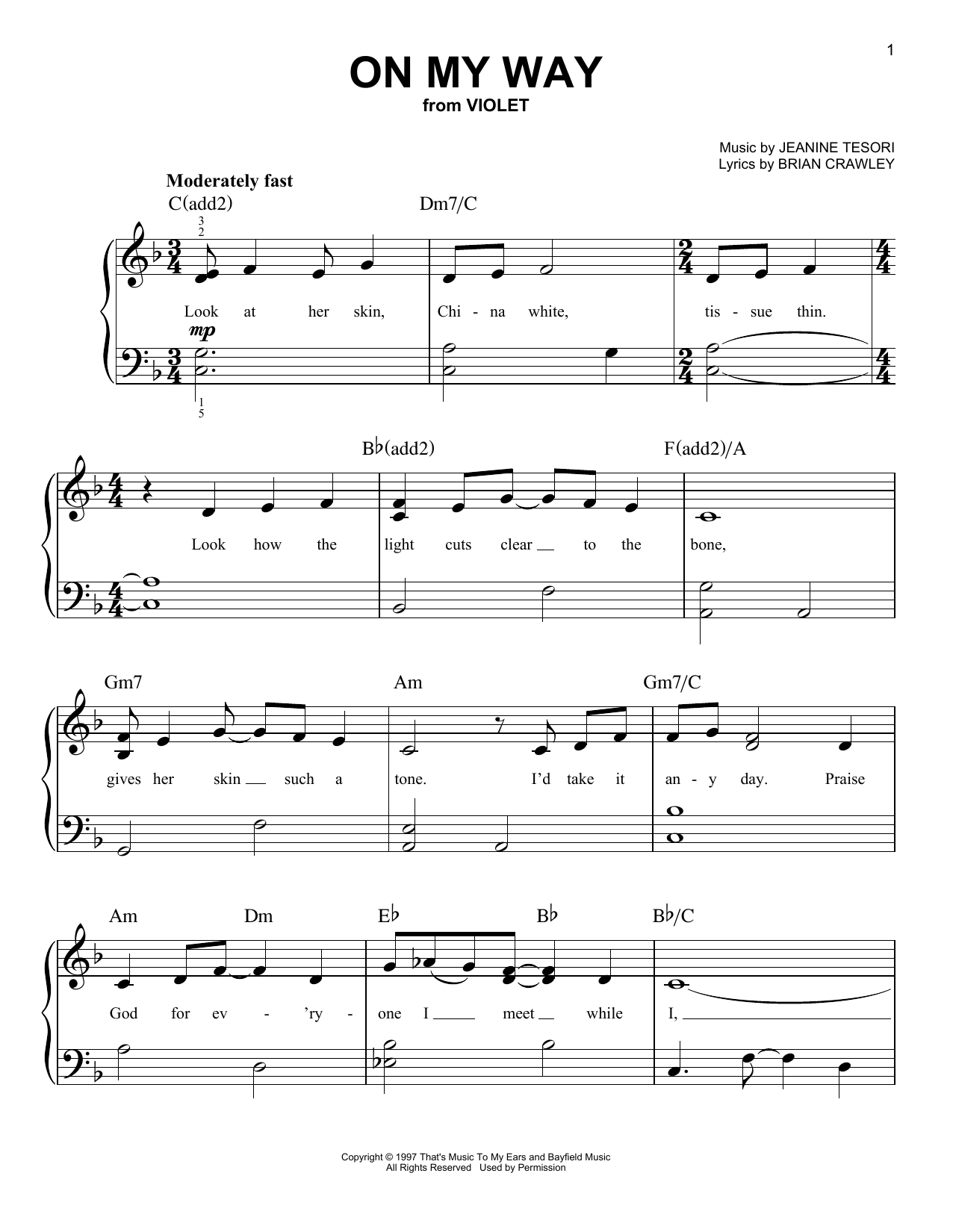 Jeanine Tesori On My Way (from Violet) sheet music notes and chords arranged for Very Easy Piano