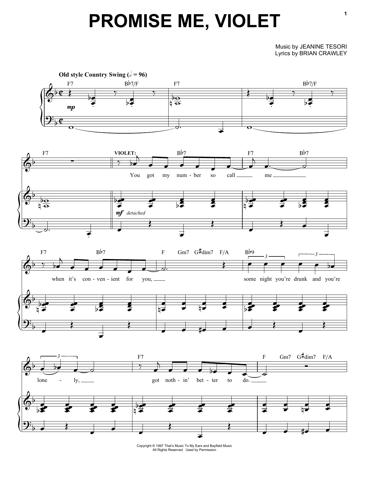 Jeanine Tesori Promise Me, Violet sheet music notes and chords arranged for Piano & Vocal