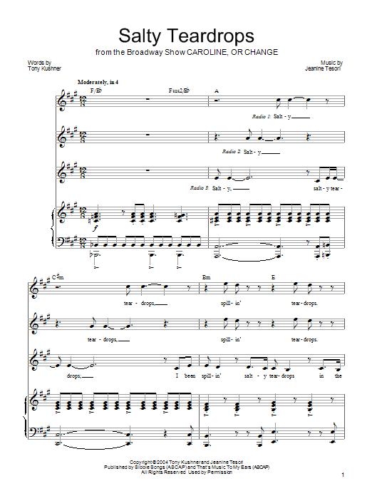 Jeanine Tesori Salty Teardrops sheet music notes and chords arranged for Piano, Vocal & Guitar Chords (Right-Hand Melody)