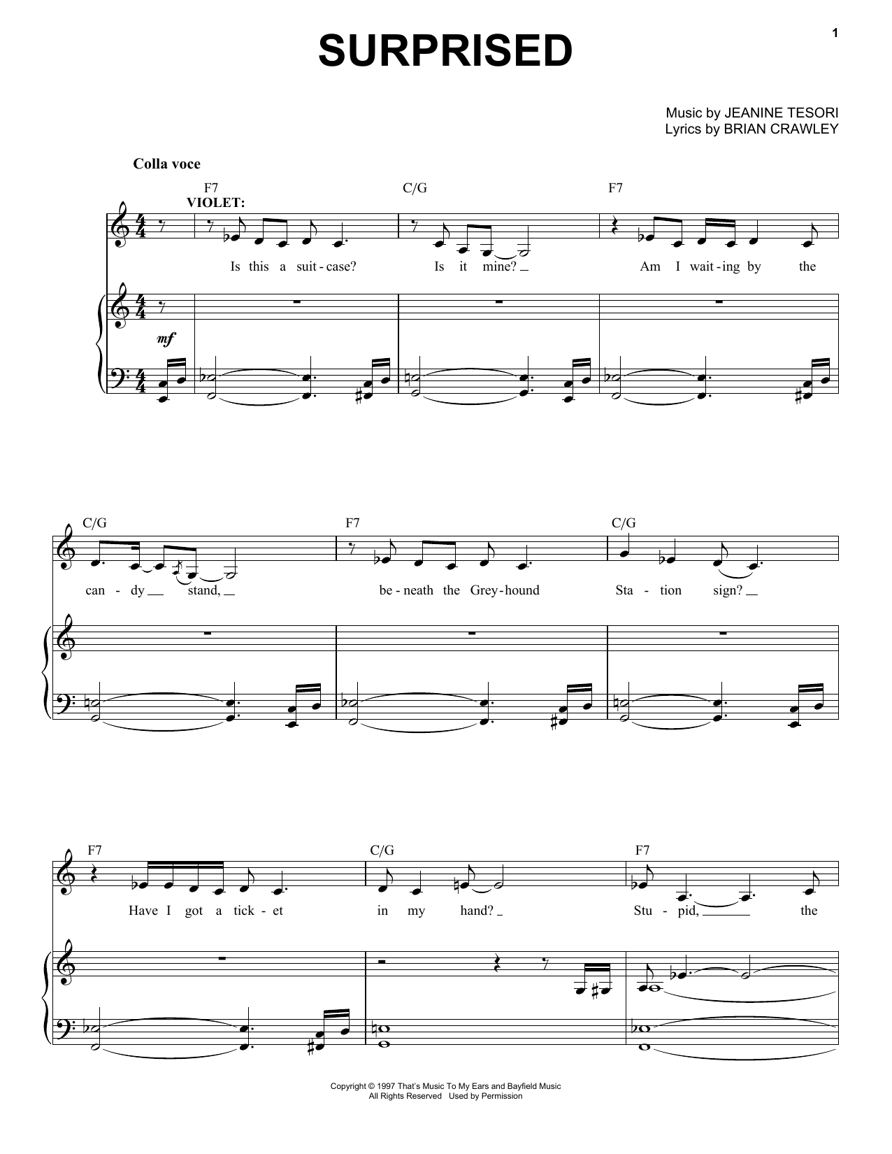Jeanine Tesori Surprised sheet music notes and chords arranged for Piano & Vocal