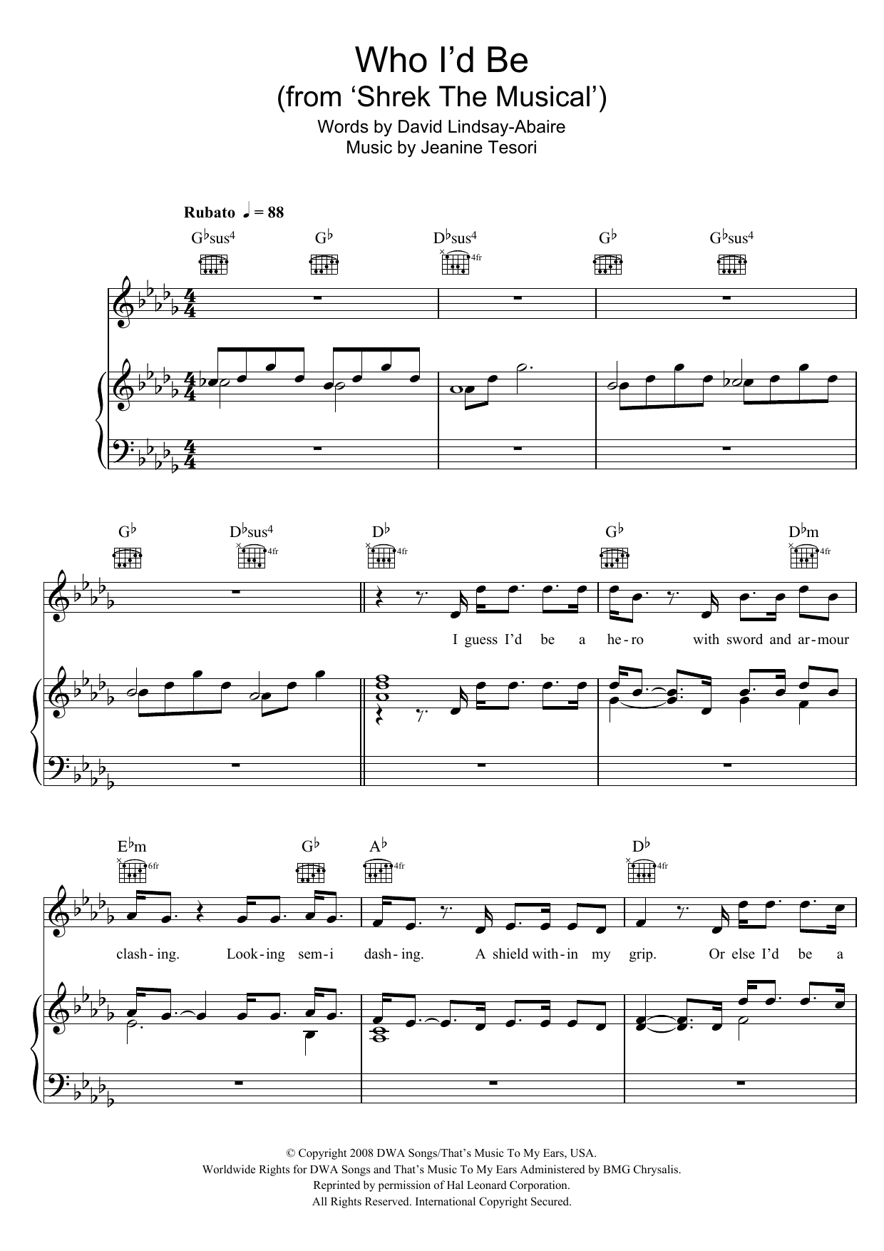 Jeanine Tesori Who I'd Be (from 'Shrek The Musical') sheet music notes and chords arranged for Piano, Vocal & Guitar Chords