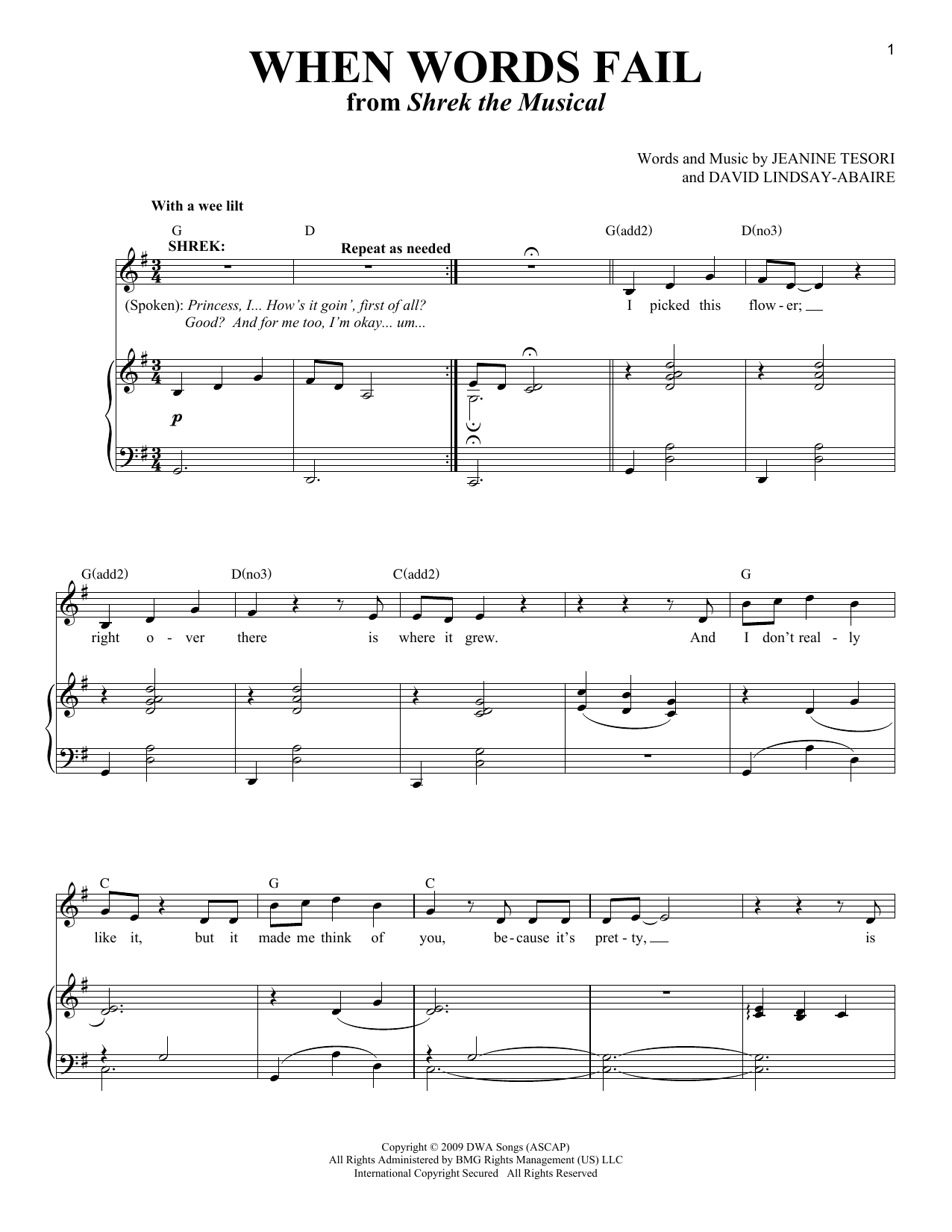 Jeanine Tesori & David Lindsay-Abaire When Words Fail sheet music notes and chords arranged for Piano & Vocal