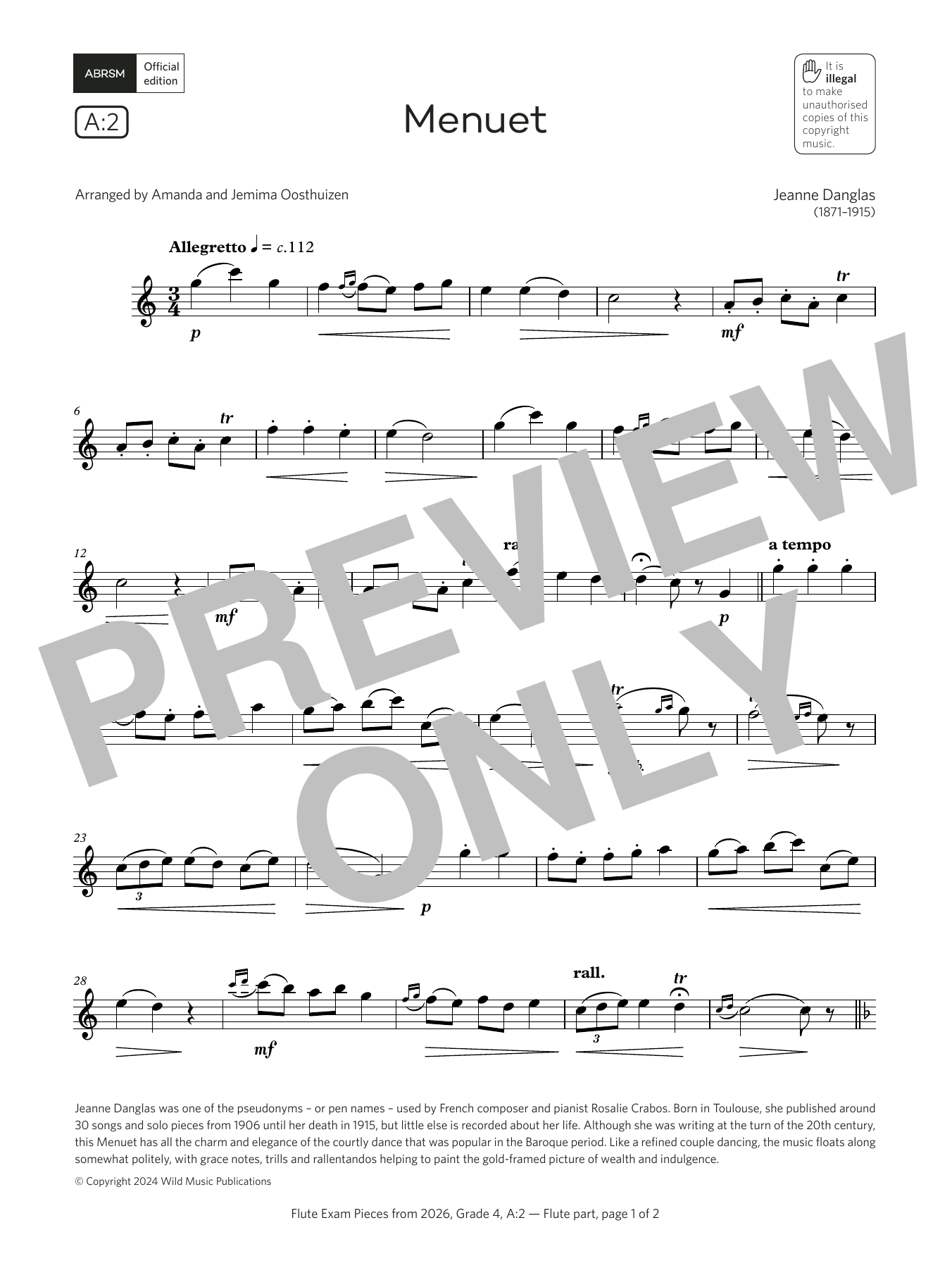 Jeanne Danglas Menuet (Grade 4, list A2, from the ABRSM Flute Syllabus from 2026) sheet music notes and chords arranged for Flute Solo