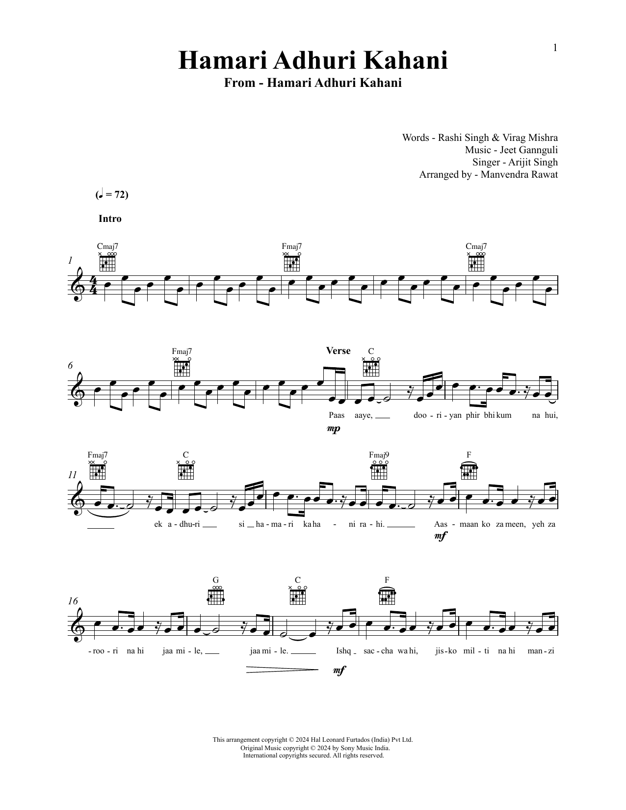 Jeet Gannguli and Arijit Singh Hamari Adhuri Kahani (Title Track) sheet music notes and chords arranged for Lead Sheet / Fake Book