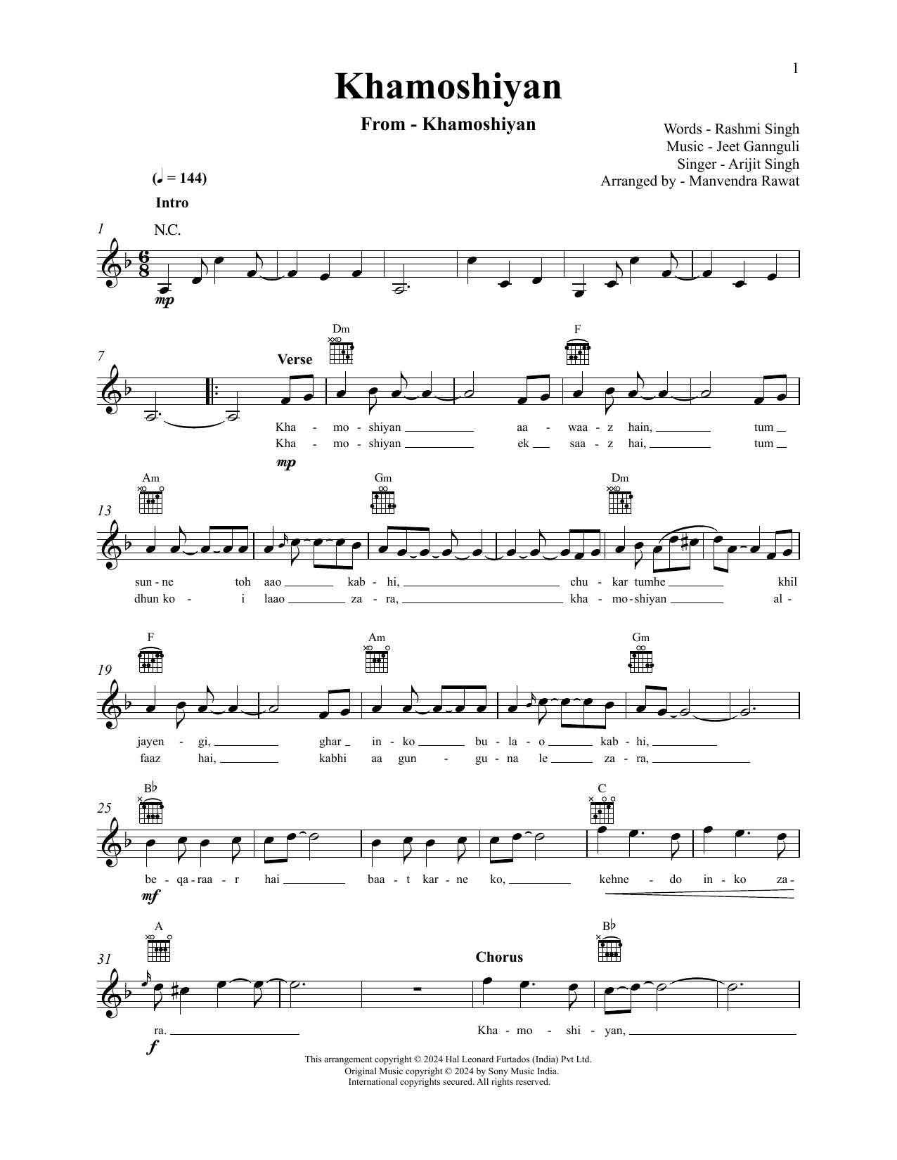 Jeet Gannguli and Arijit Singh Khamoshiyan sheet music notes and chords arranged for Lead Sheet / Fake Book