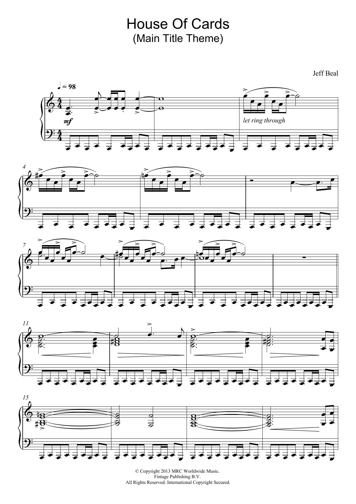 Jeff Beal House Of Cards (Main Title Theme) sheet music notes and chords arranged for Piano Solo