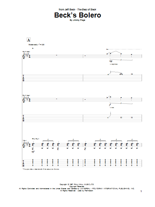 Jeff Beck Beck's Bolero sheet music notes and chords arranged for Guitar Ensemble