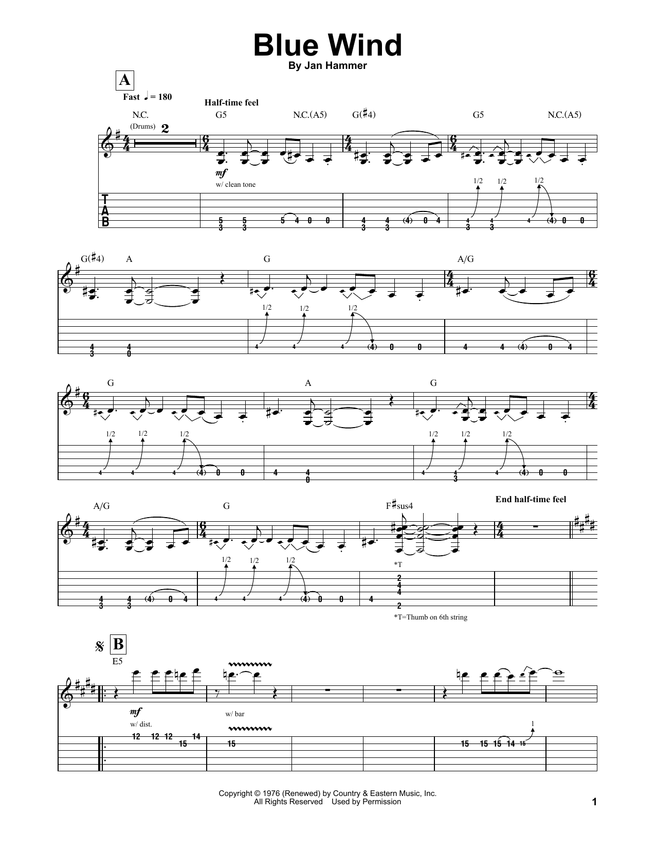 Jeff Beck Blue Wind sheet music notes and chords arranged for Guitar Tab (Single Guitar)
