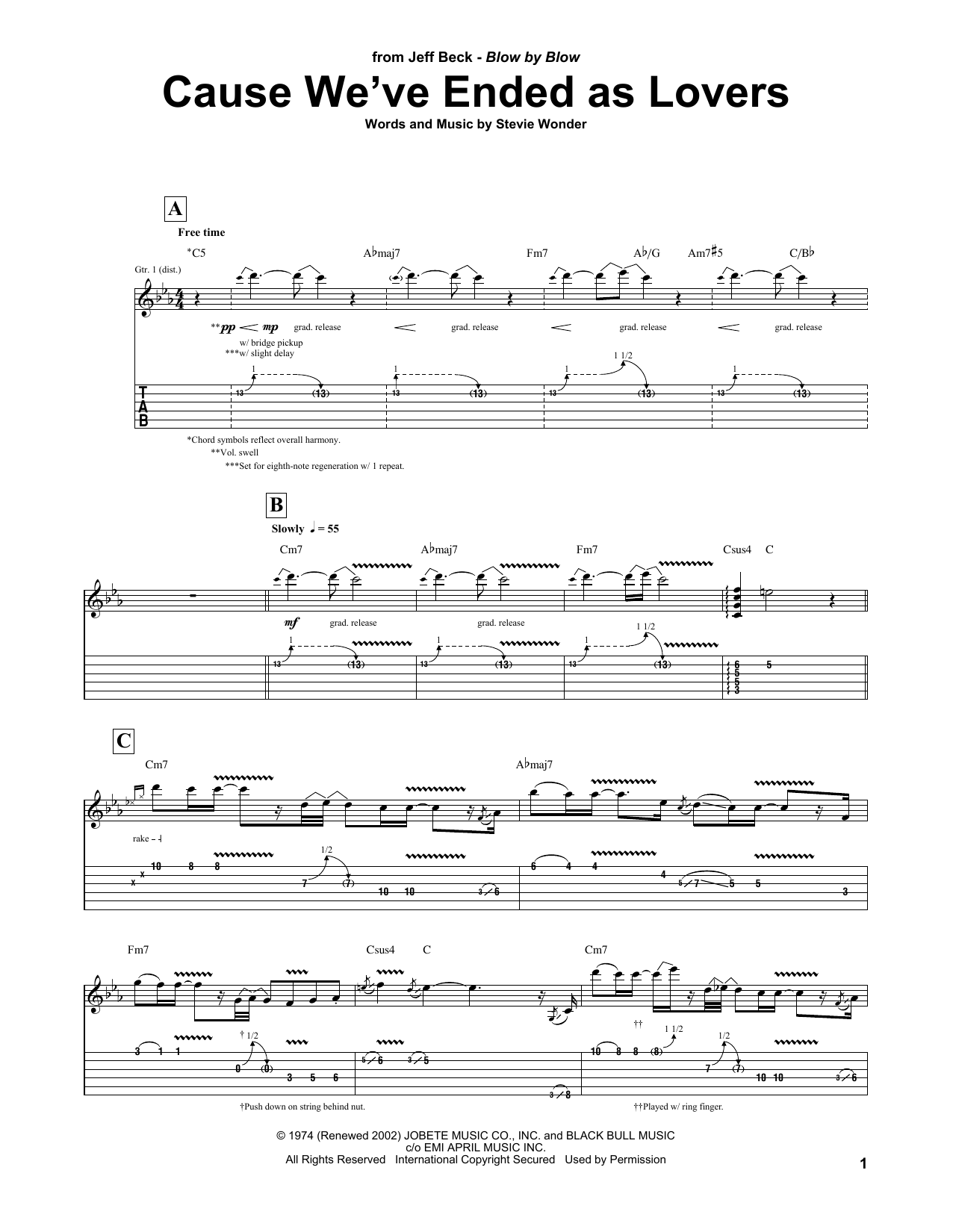 Jeff Beck Cause We've Ended As Lovers sheet music notes and chords arranged for Guitar Tab (Single Guitar)