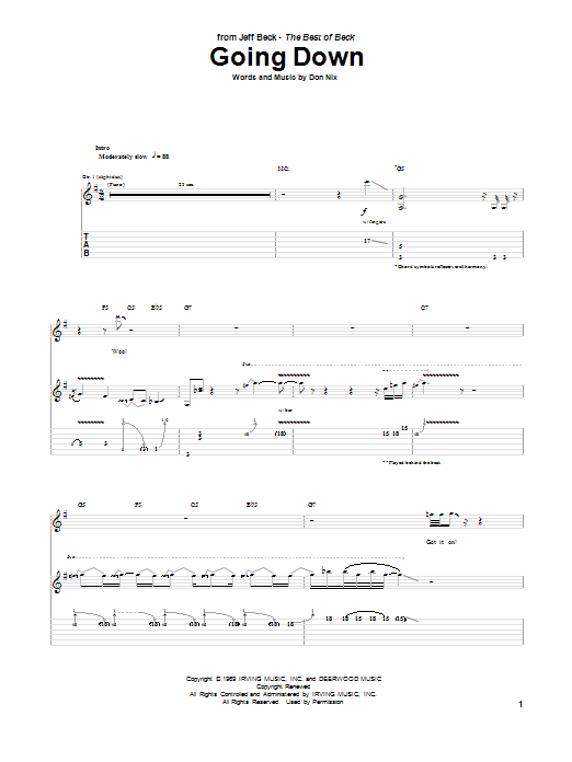 Jeff Beck Going Down sheet music notes and chords arranged for Guitar Tab