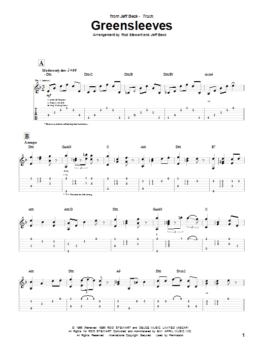 Jeff Beck Greensleeves sheet music notes and chords arranged for Guitar Tab