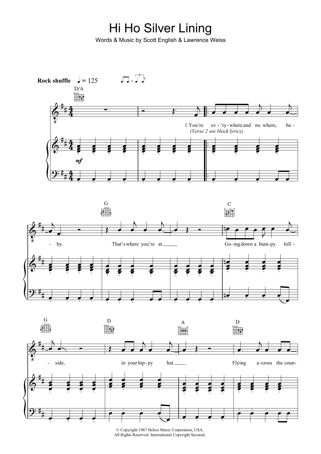Jeff Beck Hi Ho Silver Lining sheet music notes and chords arranged for Piano Chords/Lyrics