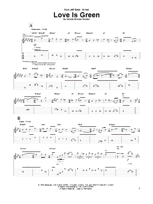Jeff Beck Love Is Green sheet music notes and chords arranged for Guitar Tab