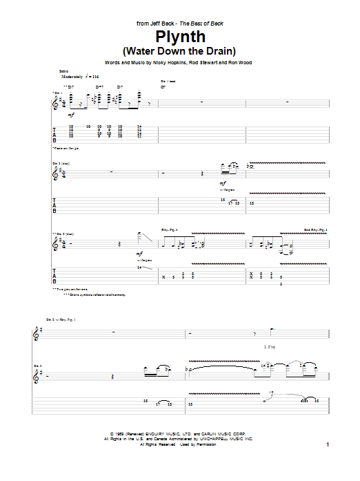 Jeff Beck Plynth (Water Down The Drain) sheet music notes and chords arranged for Guitar Tab