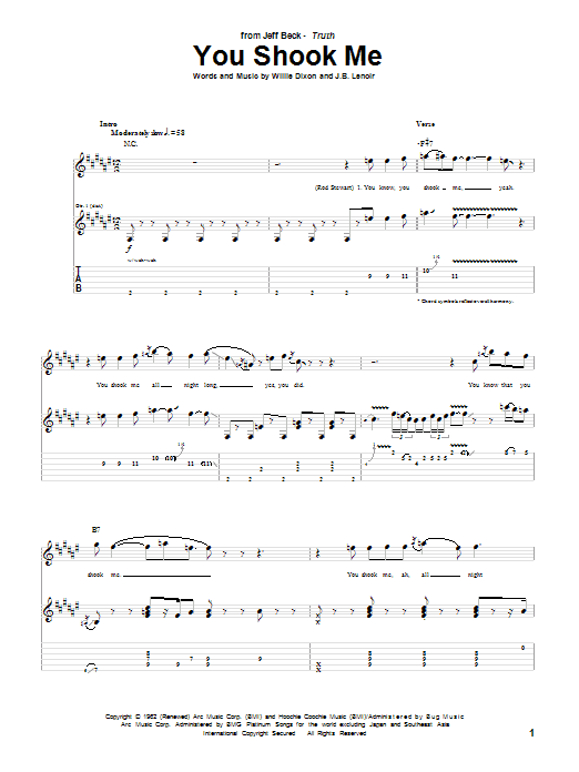 Jeff Beck You Shook Me sheet music notes and chords arranged for Guitar Chords/Lyrics