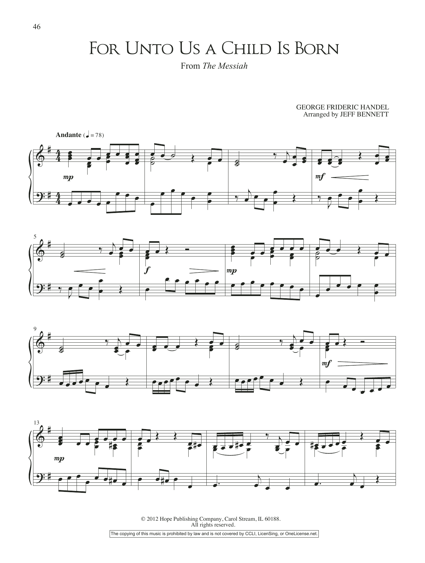Jeff Bennett For Unto Us A Child is Born (from The Messiah) sheet music notes and chords arranged for Piano Solo