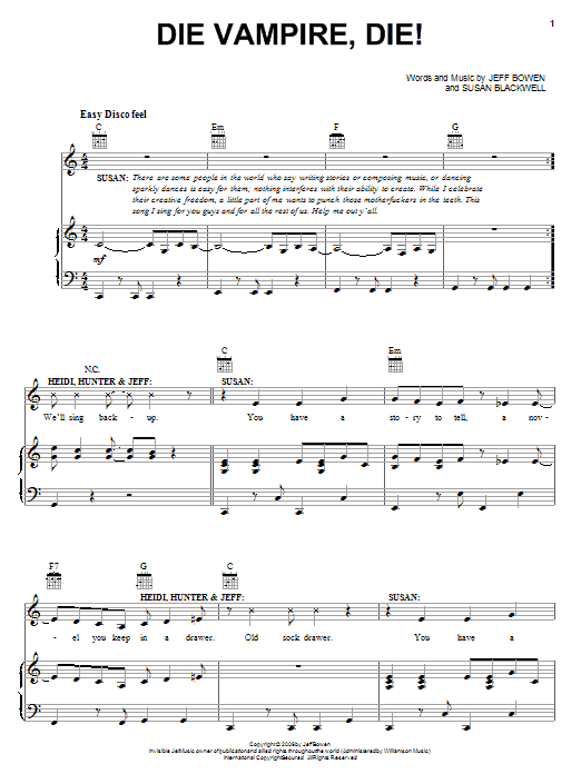 Jeff Bowen Die Vampire, Die! sheet music notes and chords arranged for Piano, Vocal & Guitar Chords (Right-Hand Melody)