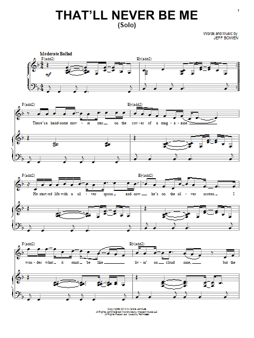 Jeff Bowen That'll Never Be Me (Solo) sheet music notes and chords arranged for Piano, Vocal & Guitar Chords (Right-Hand Melody)