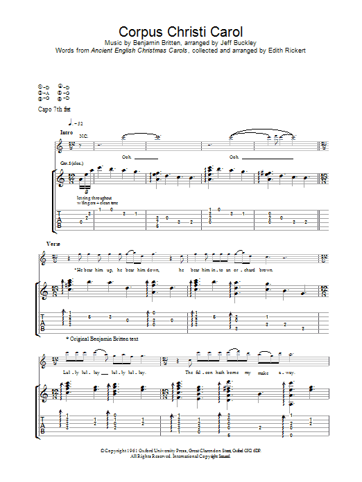 Jeff Buckley Corpus Christi Carol sheet music notes and chords arranged for Piano, Vocal & Guitar Chords