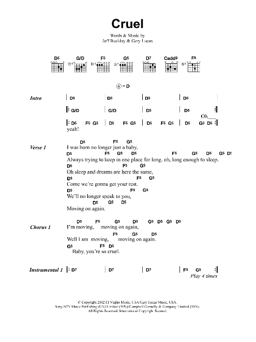 Jeff Buckley Cruel sheet music notes and chords arranged for Guitar Chords/Lyrics