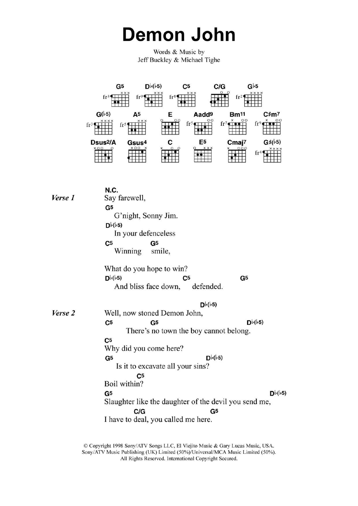 Jeff Buckley Demon John sheet music notes and chords arranged for Guitar Chords/Lyrics