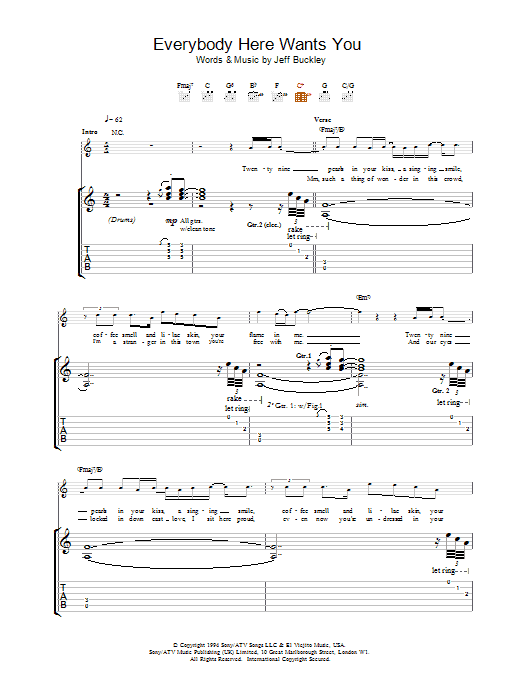 Jeff Buckley Everybody Here Wants You sheet music notes and chords arranged for Guitar Chords/Lyrics