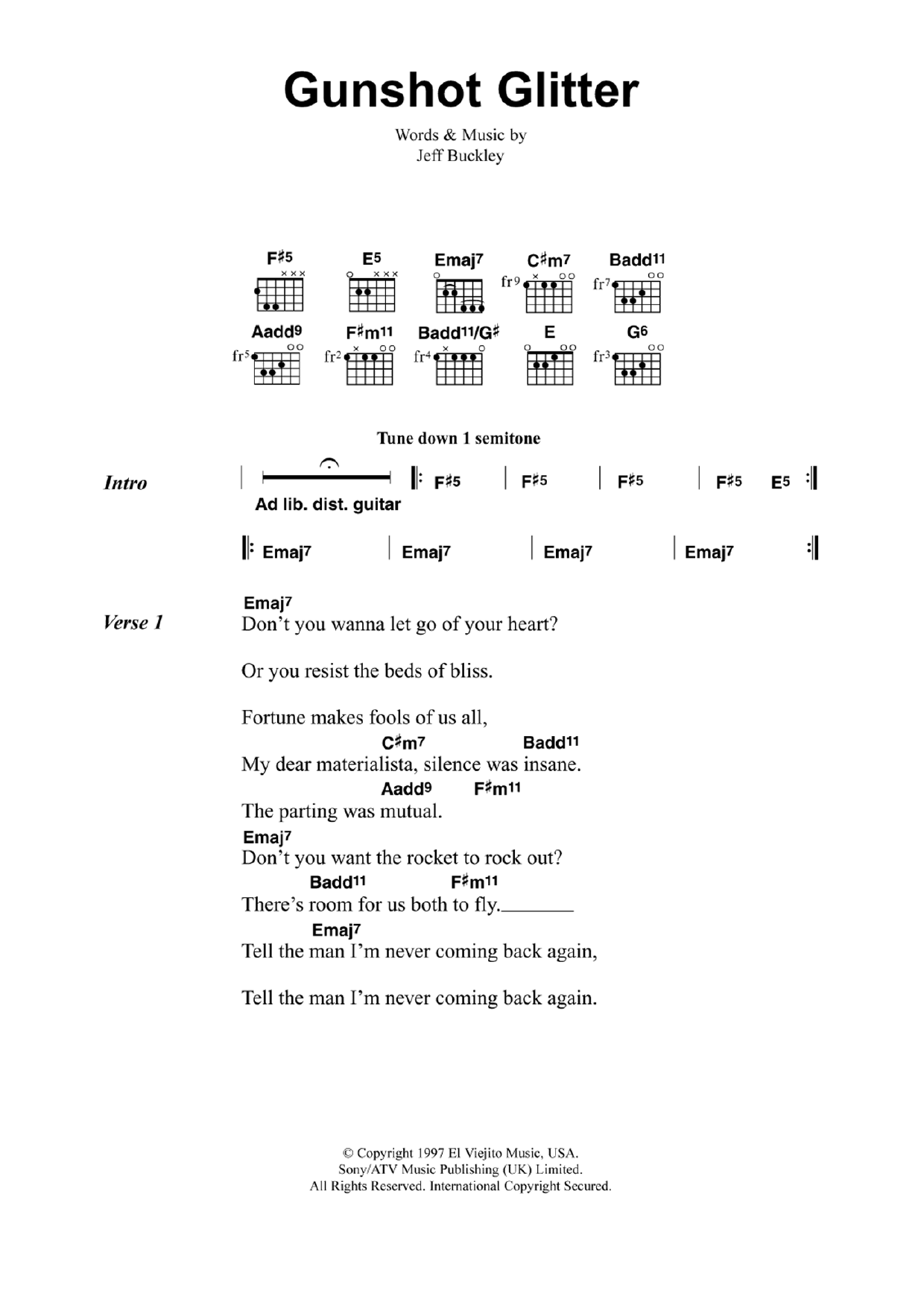 Jeff Buckley Gunshot Glitter sheet music notes and chords arranged for Guitar Chords/Lyrics