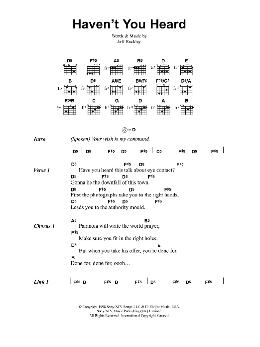 Jeff Buckley Haven't You Heard sheet music notes and chords arranged for Guitar Chords/Lyrics