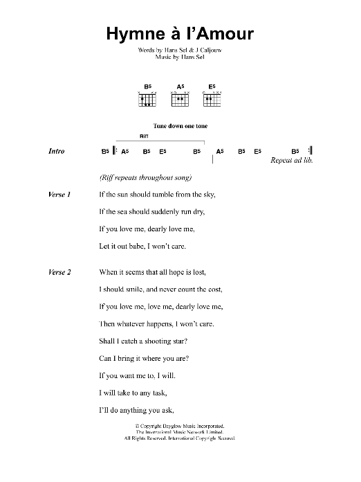 Jeff Buckley Hymne A L'Amour sheet music notes and chords arranged for Guitar Chords/Lyrics