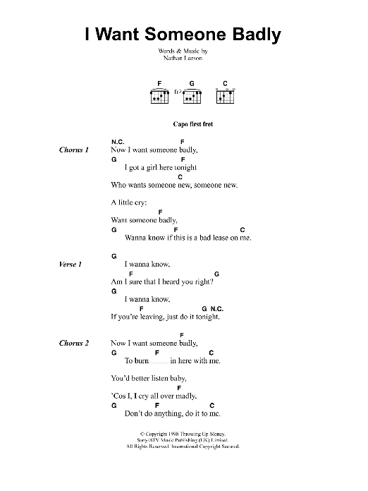 Jeff Buckley I Want Someone Badly sheet music notes and chords arranged for Guitar Chords/Lyrics