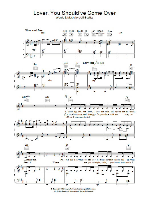 Jeff Buckley Lover, You Should've Come Over sheet music notes and chords arranged for Easy Ukulele Tab
