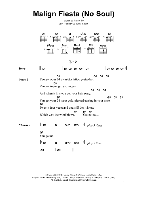 Jeff Buckley Malign Fiesta (No Soul) sheet music notes and chords arranged for Guitar Chords/Lyrics