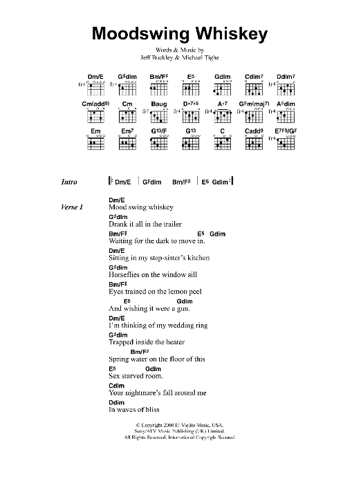 Jeff Buckley Moodswing Whiskey sheet music notes and chords arranged for Guitar Chords/Lyrics
